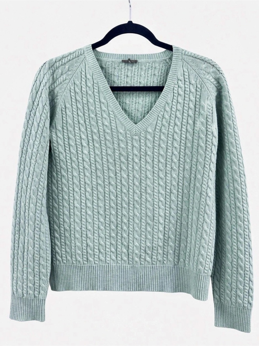 Ann Taylor Cashmere Cable Knit V-Neck Sweater Green Medium